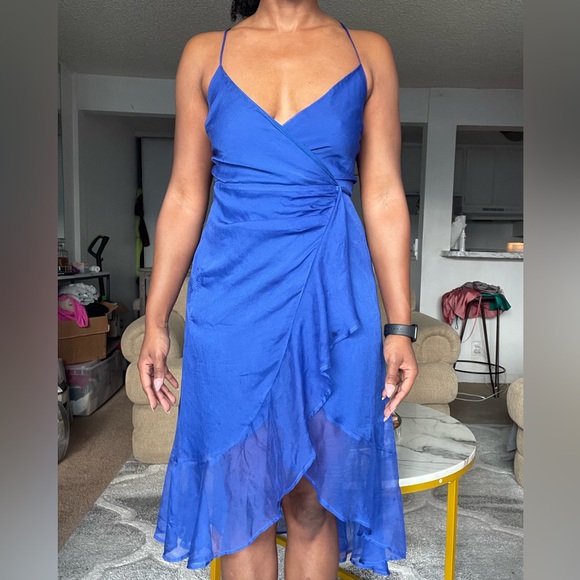 Royal Blue Chiffon Wrap Midi Dress | Flowy Ruffle Hem | Size M - Picture 8 of 12